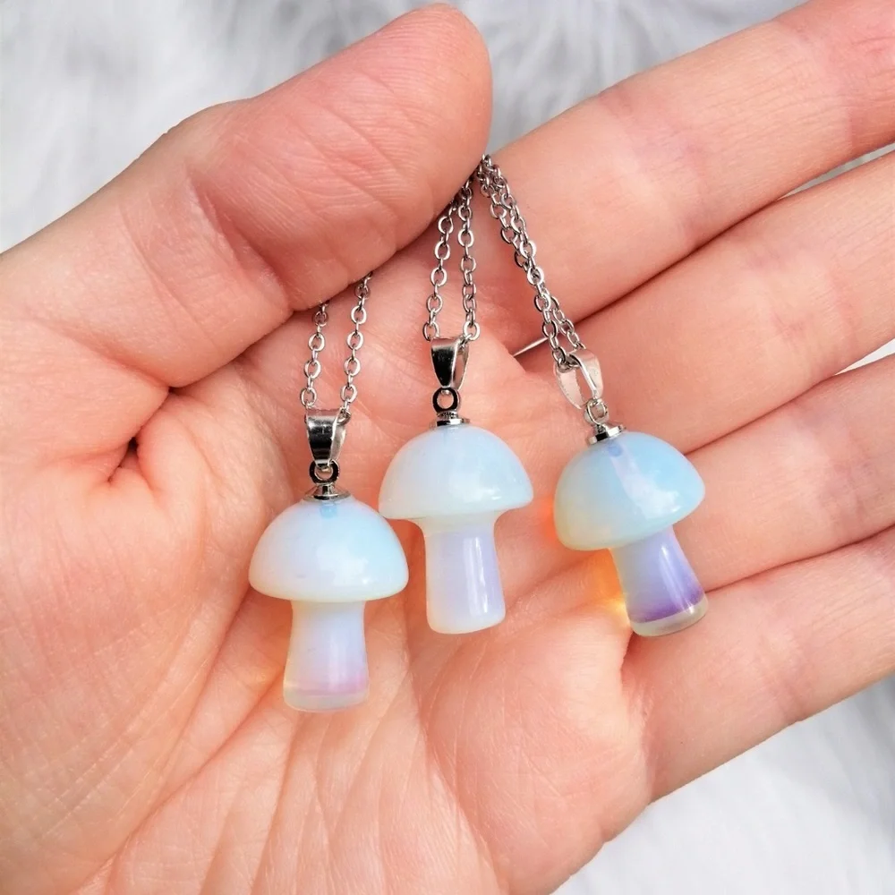 3/$22🩶 Tiny Mushroom Opalite Silver Necklace Cottage Boho Toadstool NEW